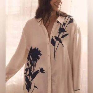Anthropologie Floral Print Women's oversized Pajama Top shirt- Pink and Blue-Med